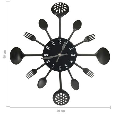 vidaXL Horloge murale et cuillère avec fourchette Noir 40 cm Aluminium