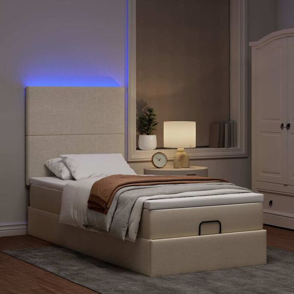vidaXL Lit ottoman avec matelas et LED cr&egrave;me 90x200 cm tissu