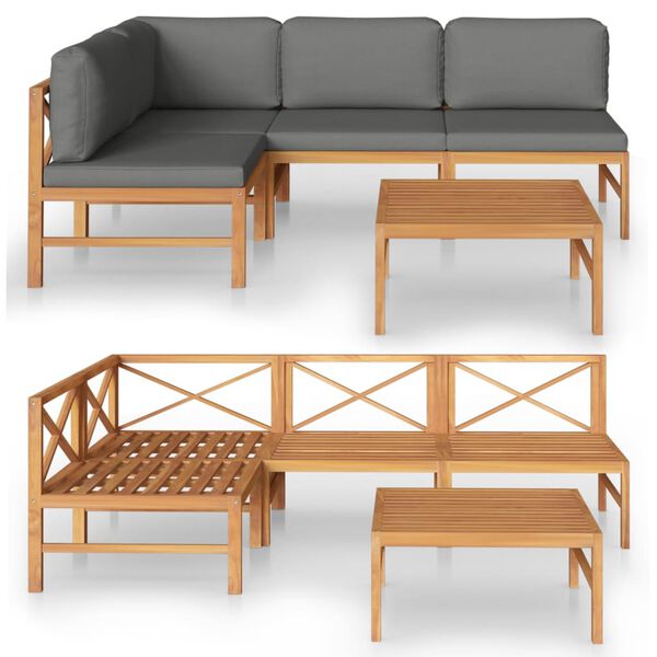 vidaXL Salon de jardin 5 pcs avec coussins gris Bois de teck solide