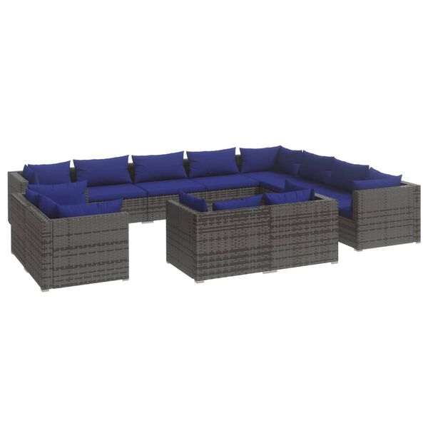 vidaXL Salon de jardin 12 pcs avec coussins Gris R&eacute;sine tress&eacute;e