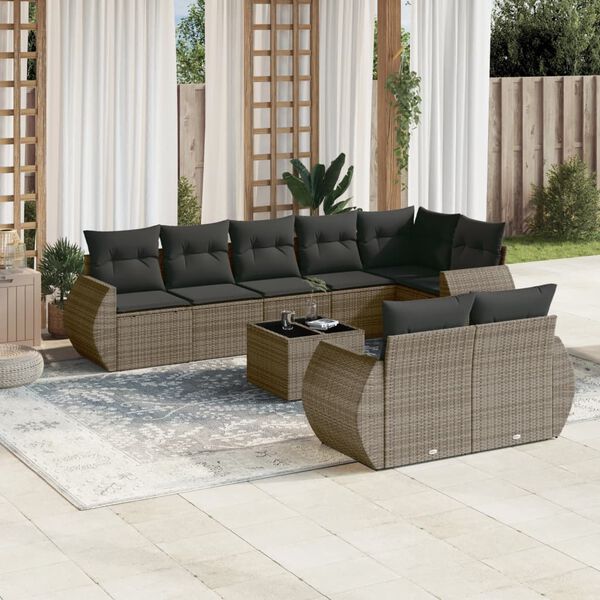 vidaXL Salon de jardin 9 pcs avec coussins gris r&eacute;sine tress&eacute;e