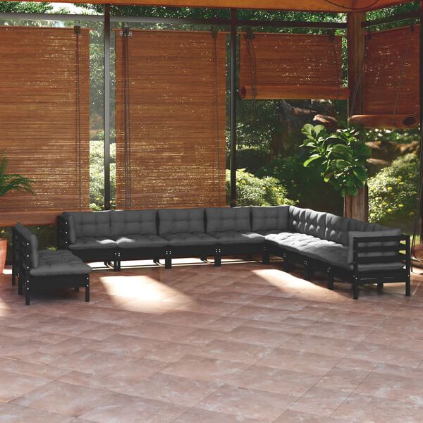 vidaXL Salon de jardin 11 pcs avec coussins Noir Bois de pin solide