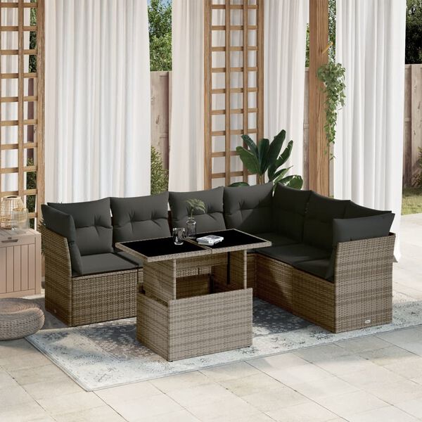 vidaXL Salon de jardin avec coussins 7 pcs gris r&eacute;sine tress&eacute;e