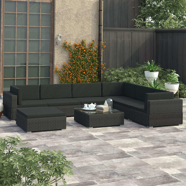 vidaXL Salon de jardin 8 pcs avec coussins résine tressée noir