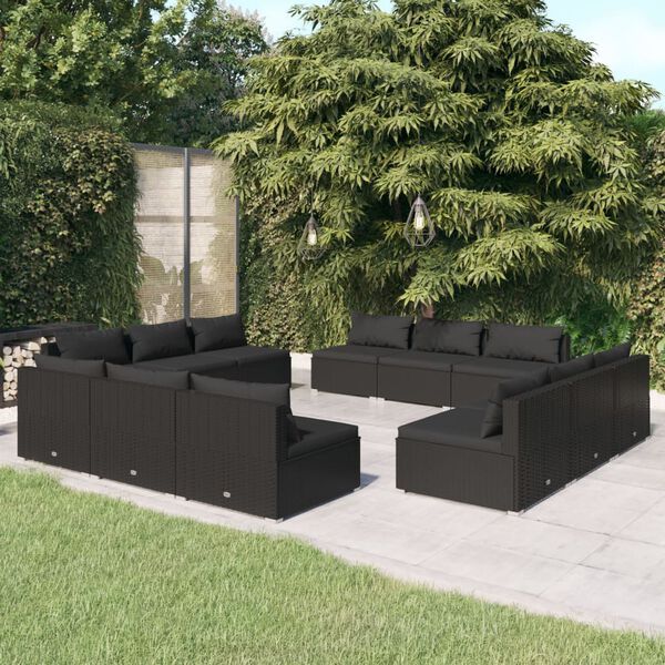 vidaXL Salon de jardin 12 pcs avec coussins résine tressée noir