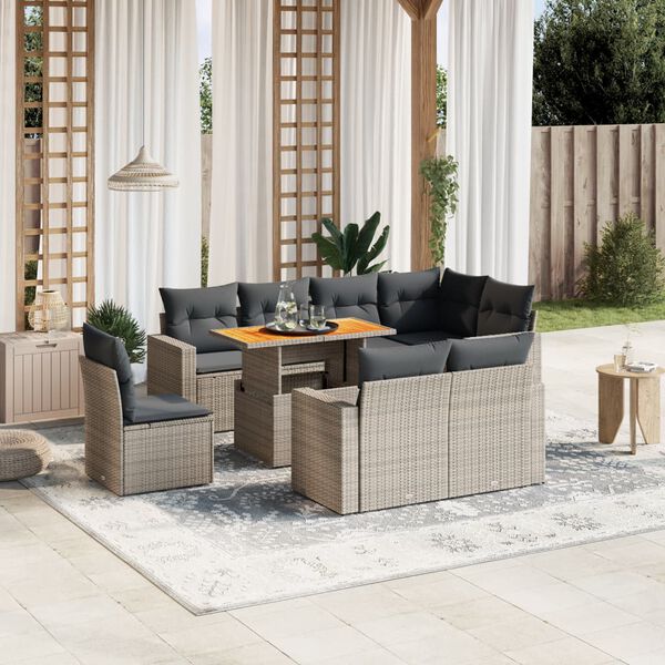 vidaXL Salon de jardin 9 pcs avec coussins gris r&eacute;sine tress&eacute;e
