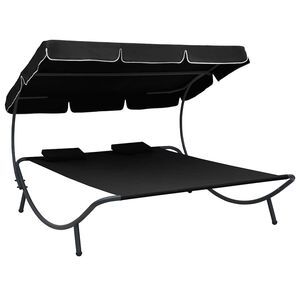 vidaXL Lit de repos d'ext&eacute;rieur avec auvent et oreillers Noir