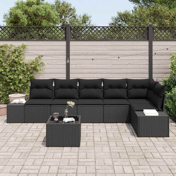vidaXL Ensemble de canap&eacute; de jardin avec coussin 7 pcs Noir polyrotin