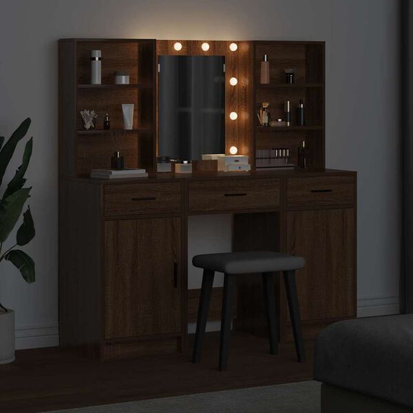 Ensemble de coiffeuse 3 pi&egrave;ces en bois d'ing&eacute;nierie ch&ecirc;ne brun