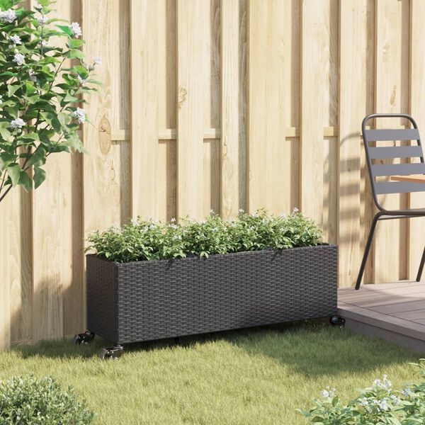 vidaXL Jardini&egrave;re avec roulettes et 3 pots noir 107x32x38 cm rotin