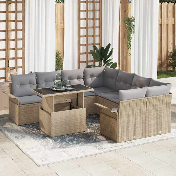 vidaXL Ensemble de canap&eacute; de jardin 9 pcs Beige Poly Rattan