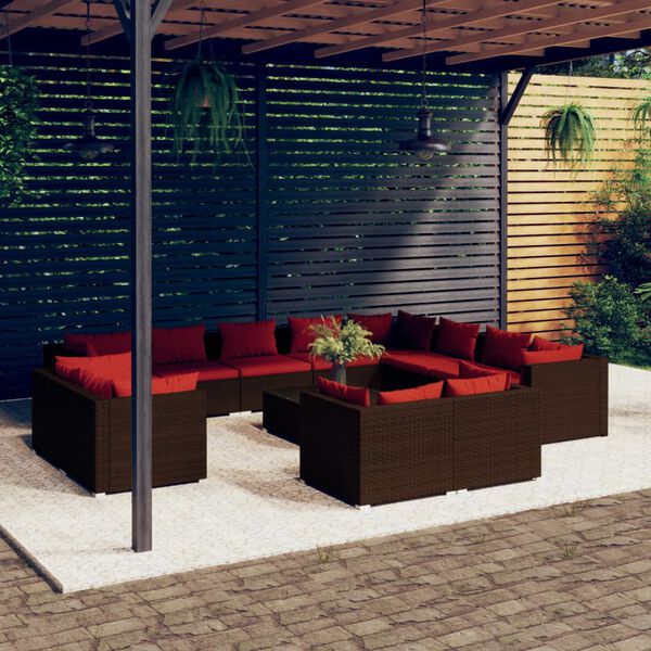 vidaXL Salon de jardin 13 pcs avec coussins Marron Résine tressée