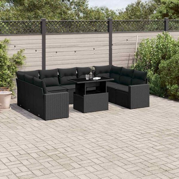 vidaXL Salon de jardin 10 pcs avec coussins noir r&eacute;sine tress&eacute;e