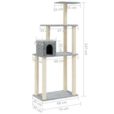 vidaXL Arbre à chat avec griffoirs en sisal Gris clair 147 cm