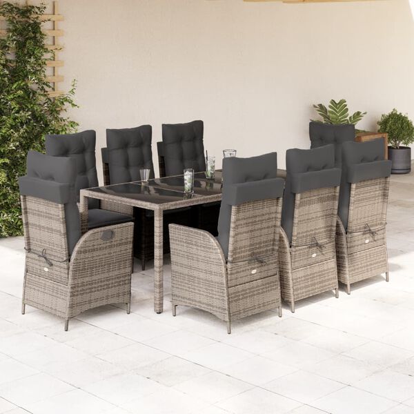 vidaXL Ensemble &agrave; manger de jardin 9 pcs coussins gris r&eacute;sine tress&eacute;e