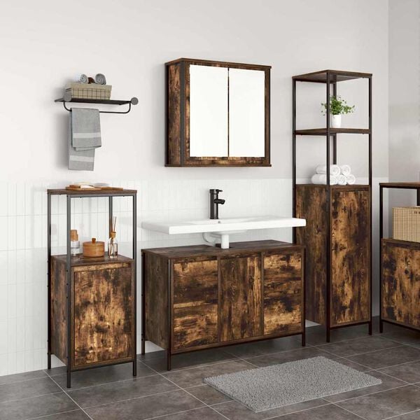 vidaXL Ensemble de mobilier de salle de bain 3 pcs Ch&ecirc;ne fum&eacute; et noir