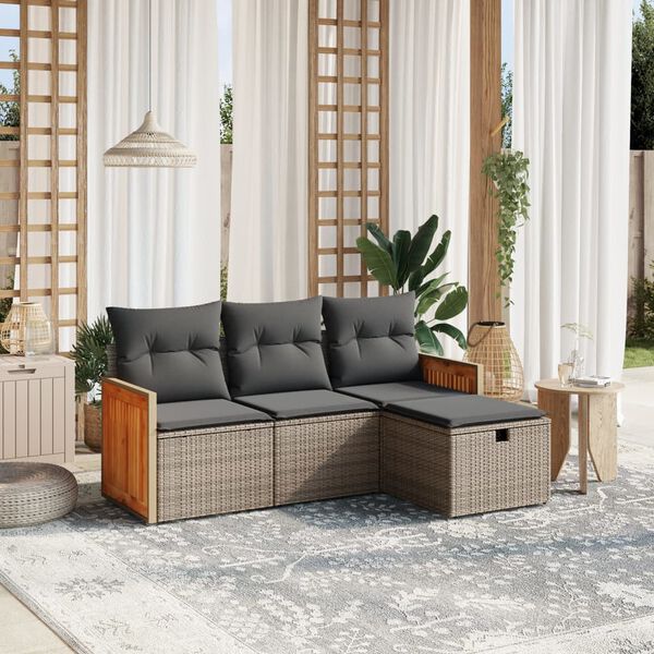 vidaXL Salon de jardin 4 pcs avec coussins gris r&eacute;sine tress&eacute;e