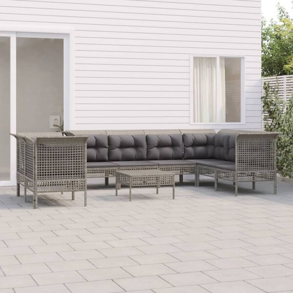 vidaXL Salon de jardin 9 pcs avec coussins Gris R&eacute;sine tress&eacute;e