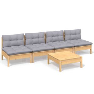 vidaXL Salon de jardin 5 pcs avec coussins gris bois de pin