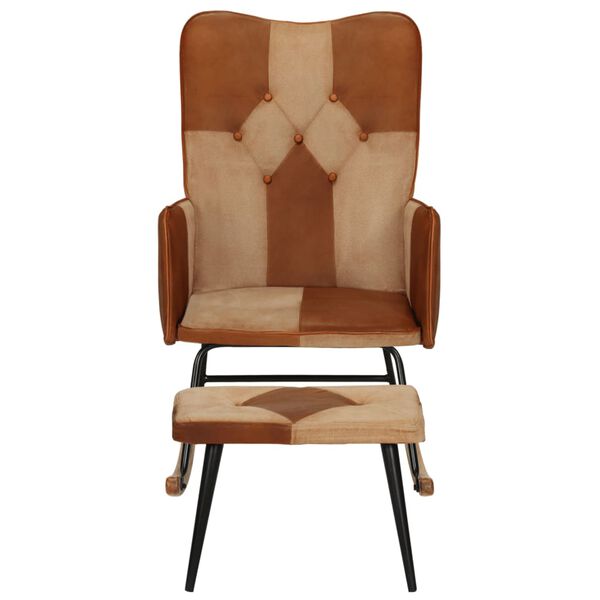vidaXL Chaise &agrave; bascule et repose-pieds Marron Cuir v&eacute;ritable et toile
