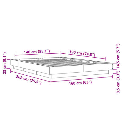 vidaXL Cadre de lit et lumières LED sans matelas sonoma gris 140x190cm