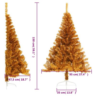 vidaXL Demi sapin de Noël artificiel avec support doré 150 cm PET