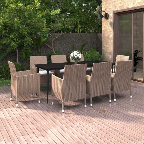 vidaXL Ensemble &agrave; manger de jardin coussins 9 pcs R&eacute;sine tress&eacute;e Verre