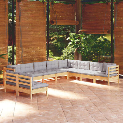 vidaXL Salon de jardin 10 pcs avec coussins gris bois de pin solide