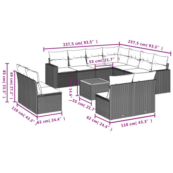 vidaXL Salon de jardin avec coussins 12 pcs beige r&eacute;sine tress&eacute;e