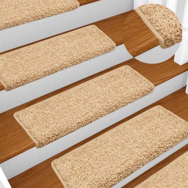 vidaXL Tapis d'escalier 15 pi&egrave;ces 65 x 21 x 4 cm Cr&egrave;me Bord rectangulaire