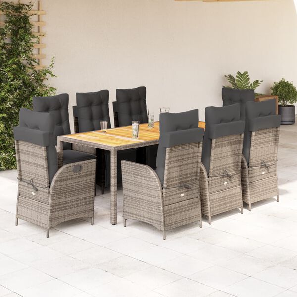 vidaXL Ensemble &agrave; manger de jardin 9 pcs coussins gris r&eacute;sine tress&eacute;e