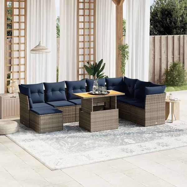 vidaXL Salon de jardin 9 pcs avec coussins gris r&eacute;sine tress&eacute;e