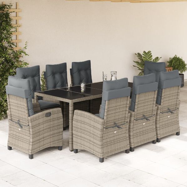vidaXL Ensemble &agrave; manger de jardin 9 pcs coussins gris r&eacute;sine tress&eacute;e