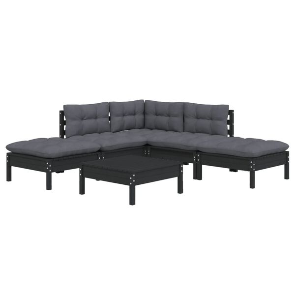 vidaXL Salon de jardin 6 pcs avec coussins Noir Bois de pin