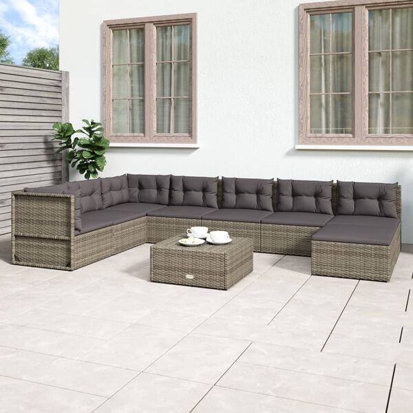 vidaXL Salon de jardin 8 pcs avec coussins Gris R&eacute;sine tress&eacute;e