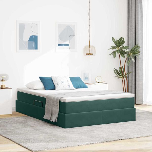 vidaXL Lit avec rangement et matelas Vert fonc&eacute; 140 x 200 cm Velours