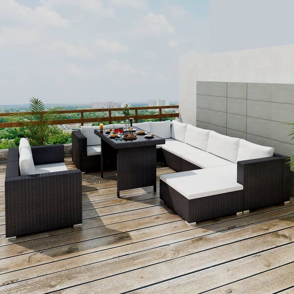 vidaXL Salon de jardin 10 pcs avec coussins R&eacute;sine tress&eacute;e Noir