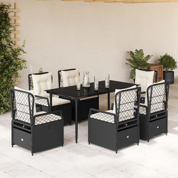 vidaXL Ensemble &agrave; manger de jardin coussins 7pcs Noir R&eacute;sine tress&eacute;e