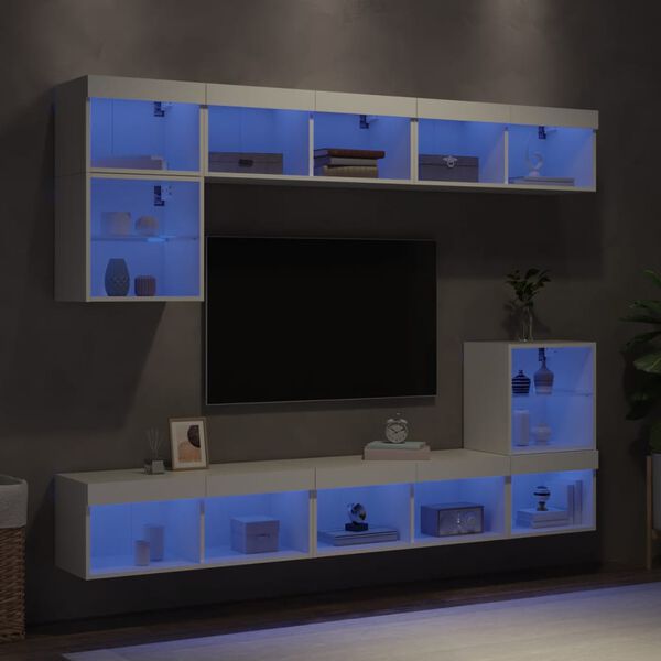 vidaXL Unit&eacute;s murales TV avec LED 8 pcs blanc bois d'ing&eacute;nierie