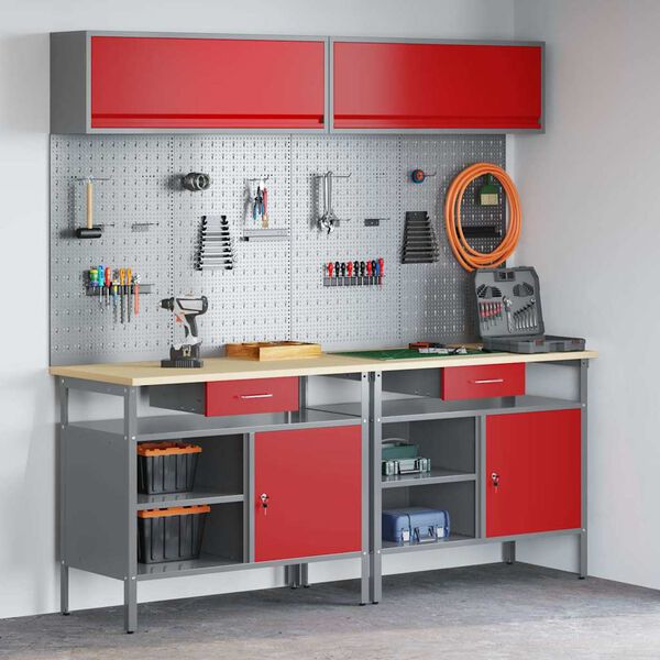 vidaXL Ensemble d'&eacute;tabli 8 pcs Rouge et Gris Acier enduit de poudre