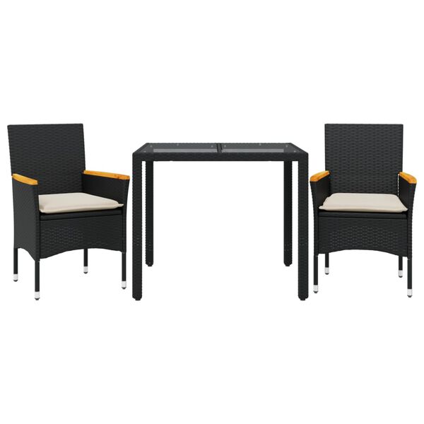 vidaXL Ensemble à manger de jardin et coussins 3 pcs noir rotin verre