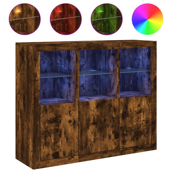 vidaXL Buffets avec lumi&egrave;res LED 3 pcs ch&ecirc;ne fum&eacute; bois d'ing&eacute;nierie