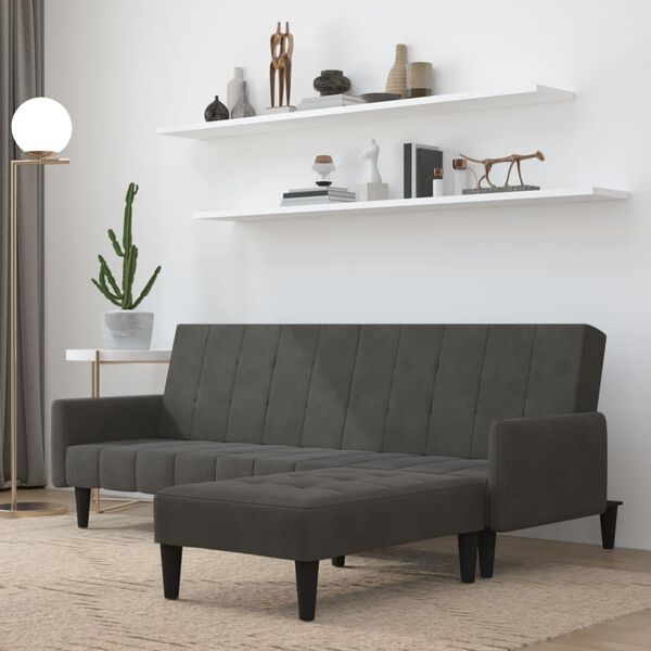 vidaXL Canap&eacute;-lit &agrave; 2 places avec tabouret Gris fonc&eacute; Tissu microfibre