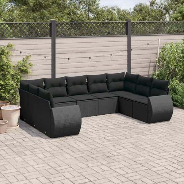 vidaXL Salon de jardin 9 pcs avec coussins noir r&eacute;sine tress&eacute;e