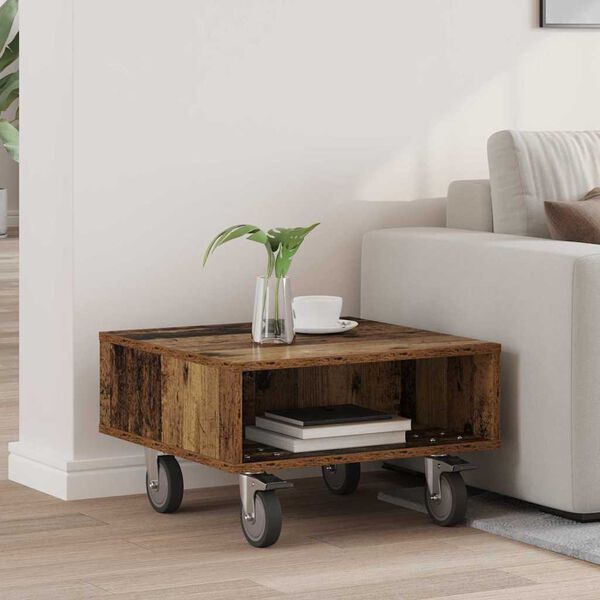 vidaXL Table d'appoint avec roues Bois ancien 50,5 x 50 x 30 cm