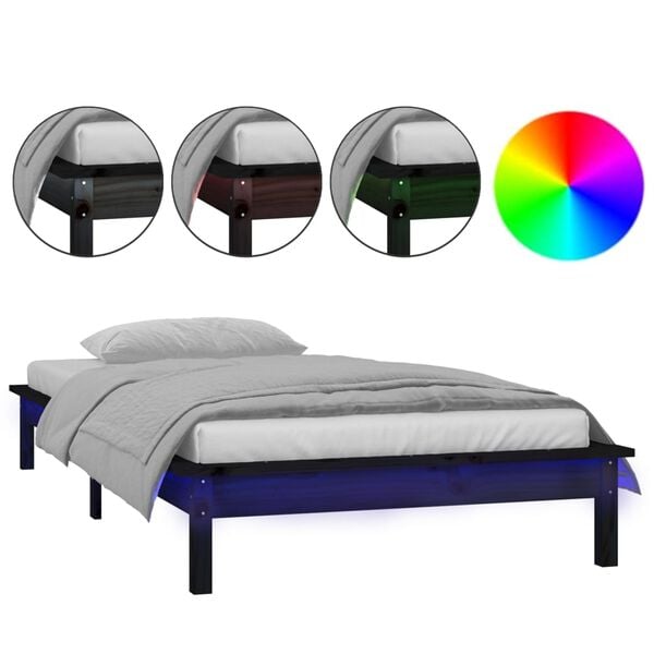 vidaXL Cadre de lit &agrave; LED sans matelas noir 90x200 cm bois massif