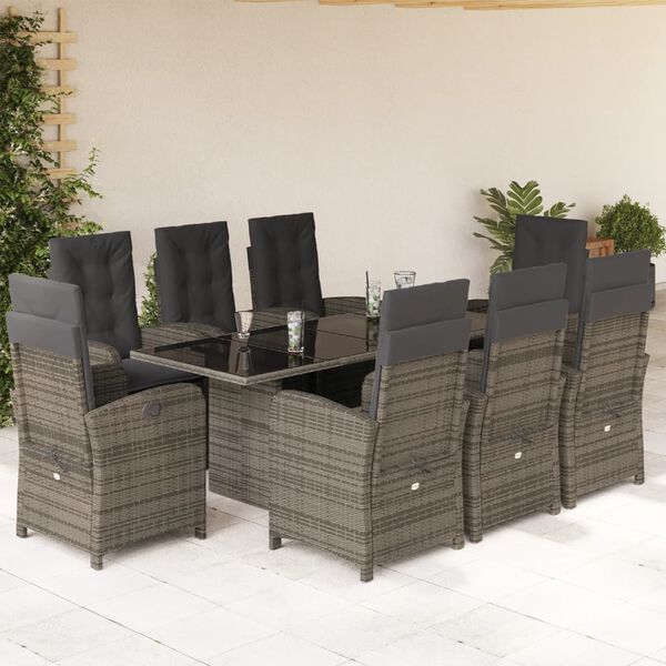 vidaXL Ensemble &agrave; manger de jardin 9 pcs coussins gris r&eacute;sine tress&eacute;e