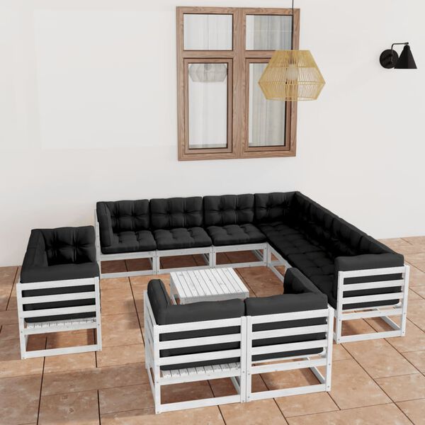 vidaXL Salon de jardin 12 pcs avec coussins Blanc Bois de pin massif