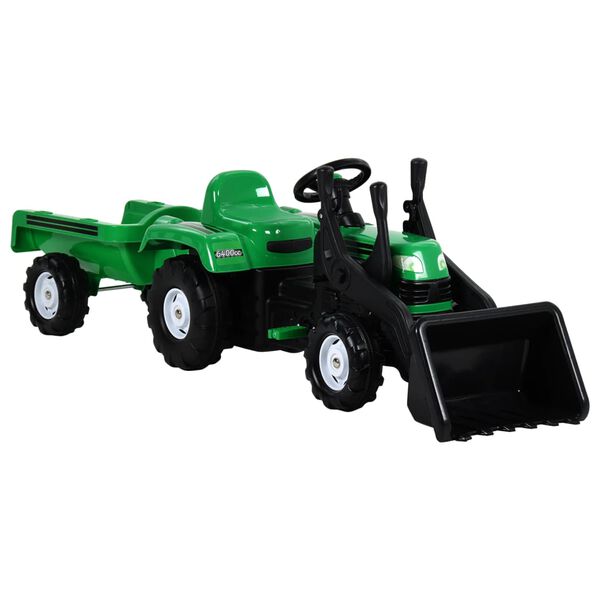 vidaXL Tracteur &agrave; p&eacute;dales d'enfants et remorque et chargeur Vert/noir