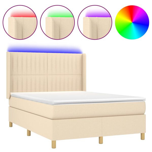 vidaXL Sommier &agrave; lattes de lit matelas et LED Cr&egrave;me 140x190 cm Tissu